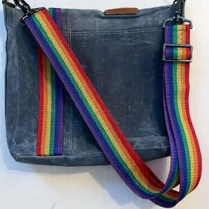 Gray Canvas Crossbody Bag with Adjustable Rainbow Strap
